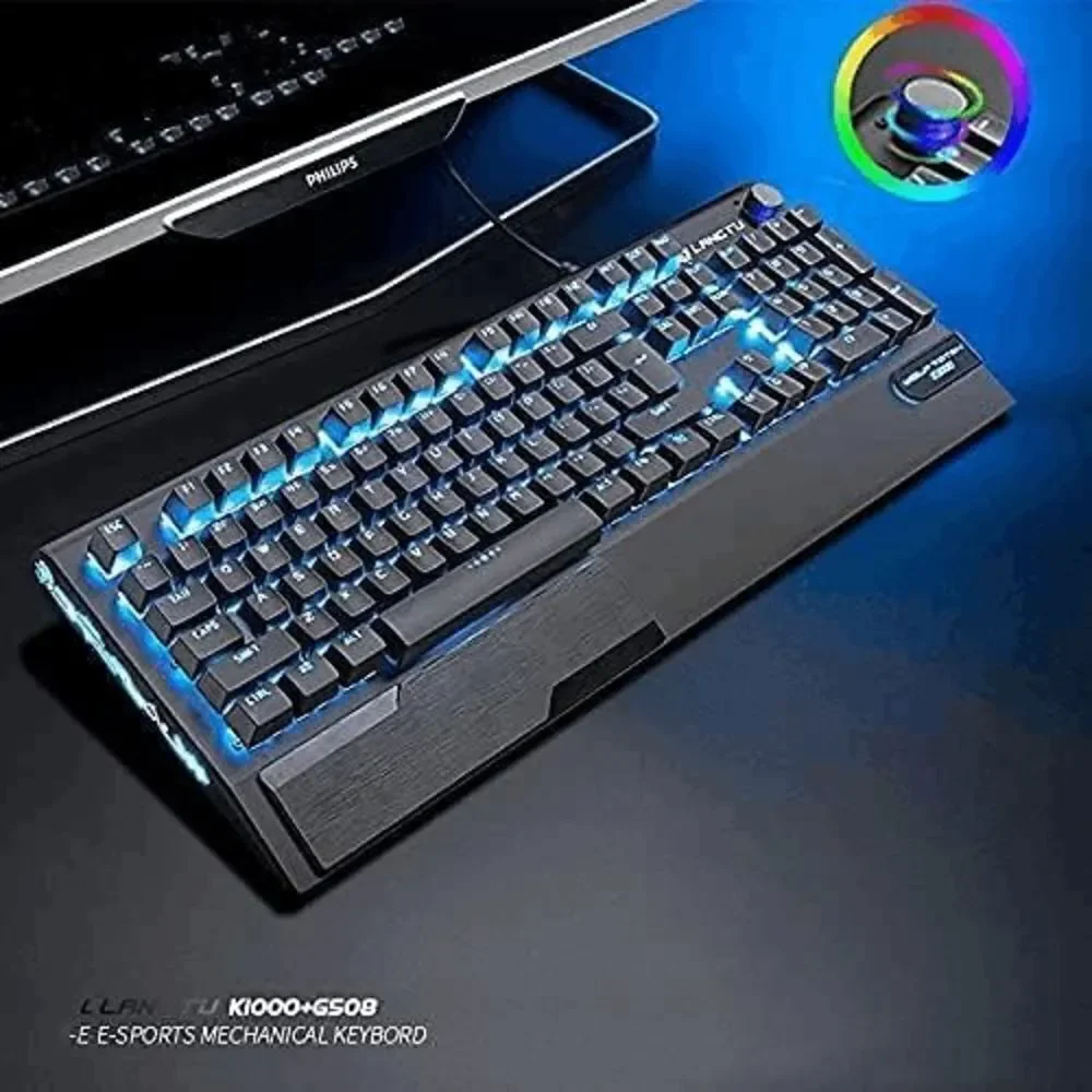 3 IN 1 Multimedia Knob Mechanical Gaming Keyboard Set (Black/Blue Backlit/Blue S